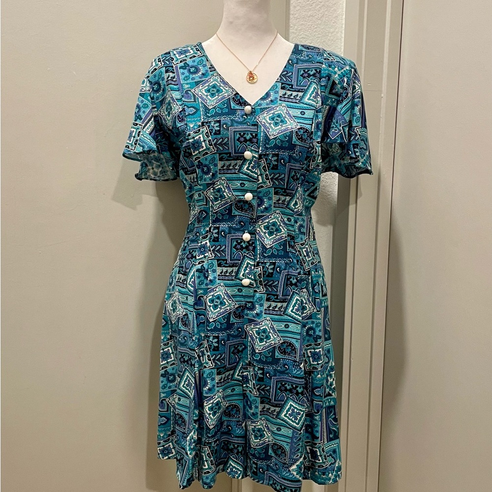VTG 80s 90s Caroline Wells Collection Blue & Purple Paisley Button-Down Romper